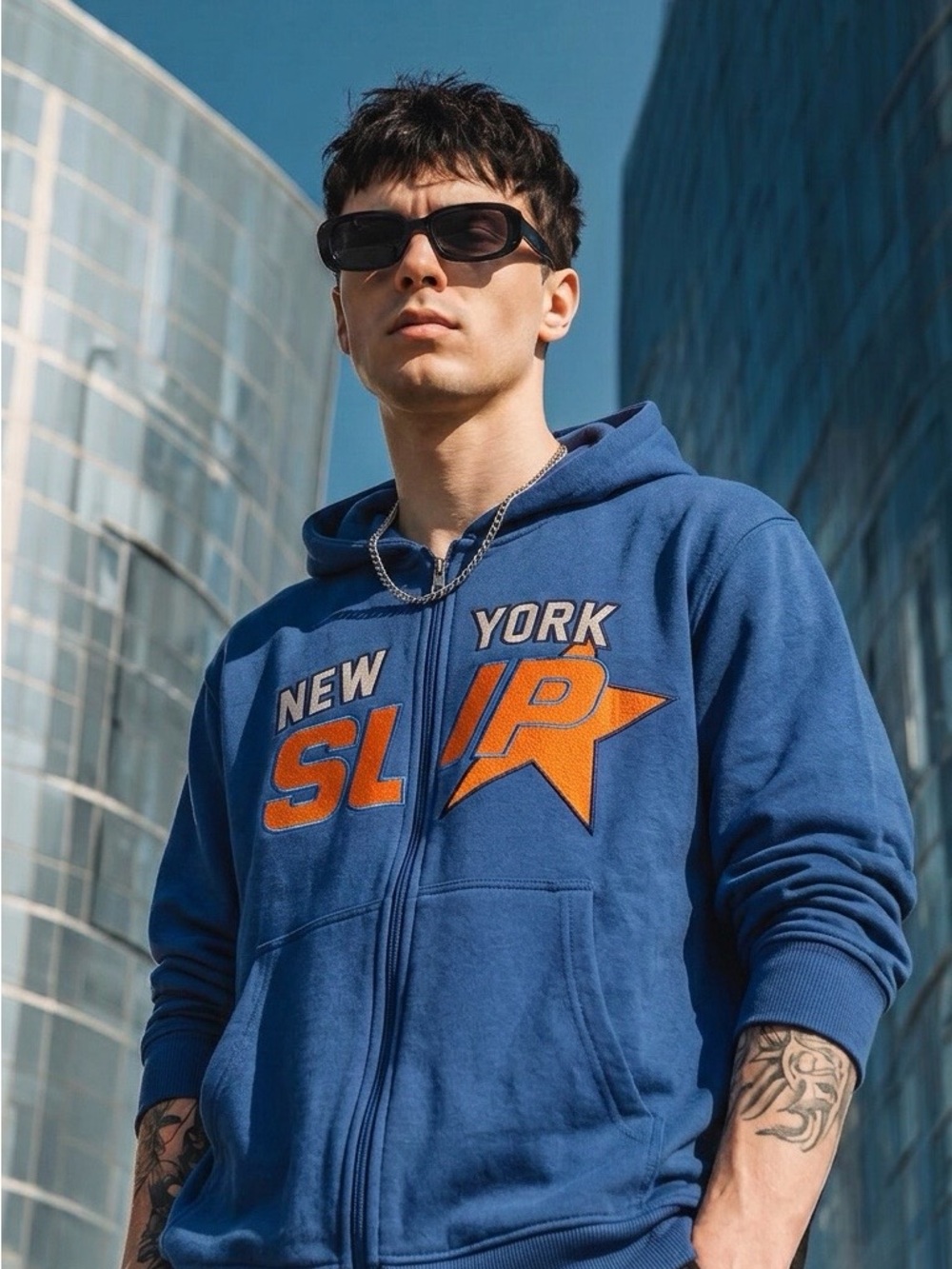 Blue New York Zip-Up Hoodie with Orange Graphic - Men’s Performance Jacket